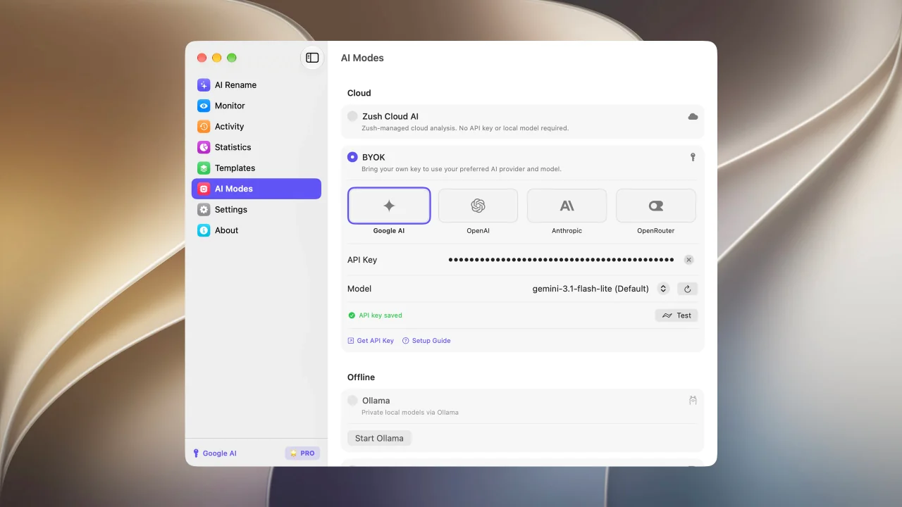 Bring your own key settings in Zush for macOS