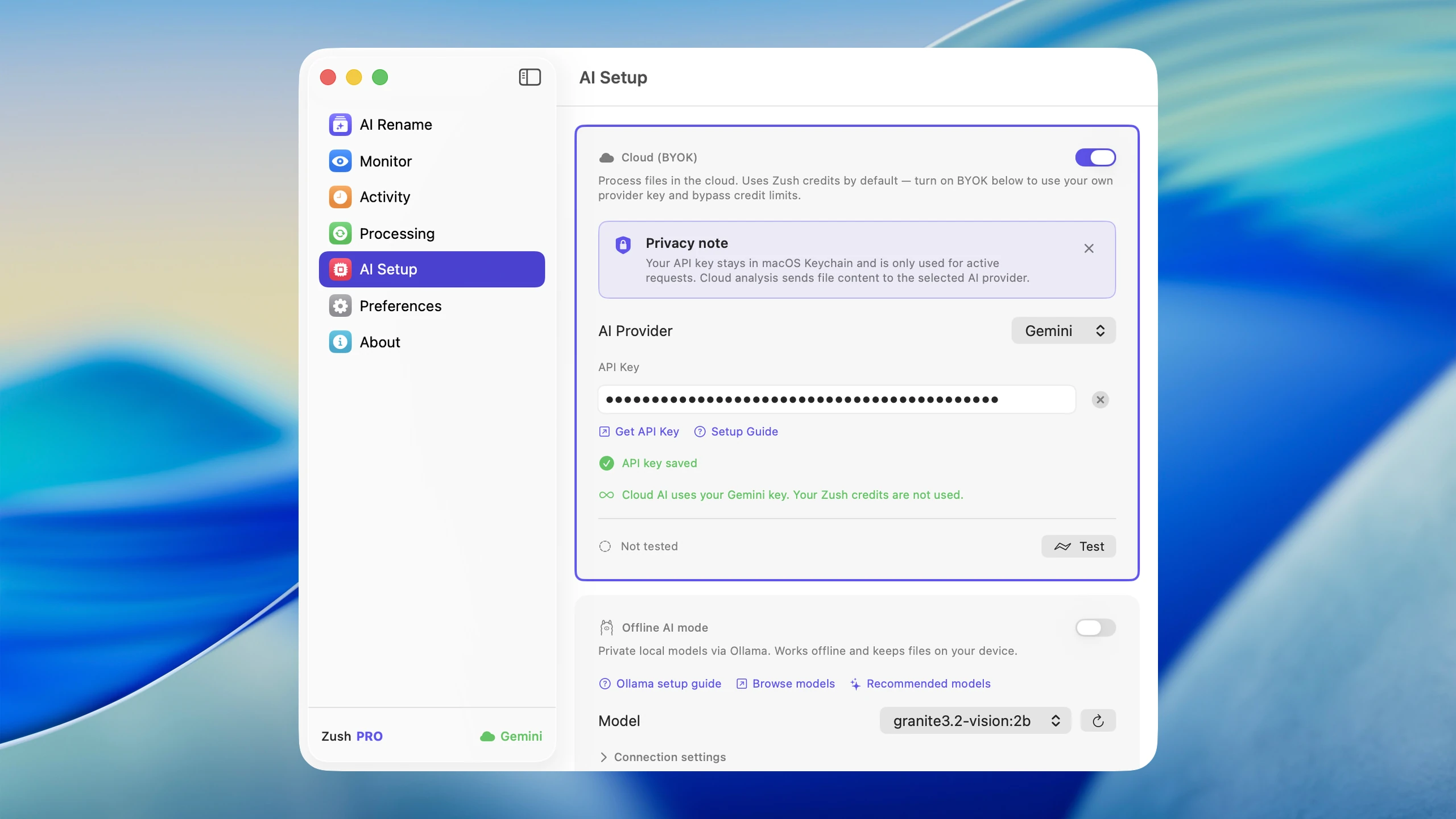 Zush BYOK settings for using your own API key