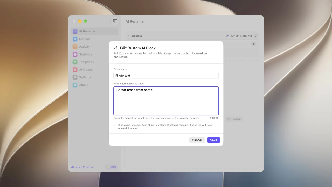 Custom AI Blocks in the Naming Blocks picker in Zush for macOS