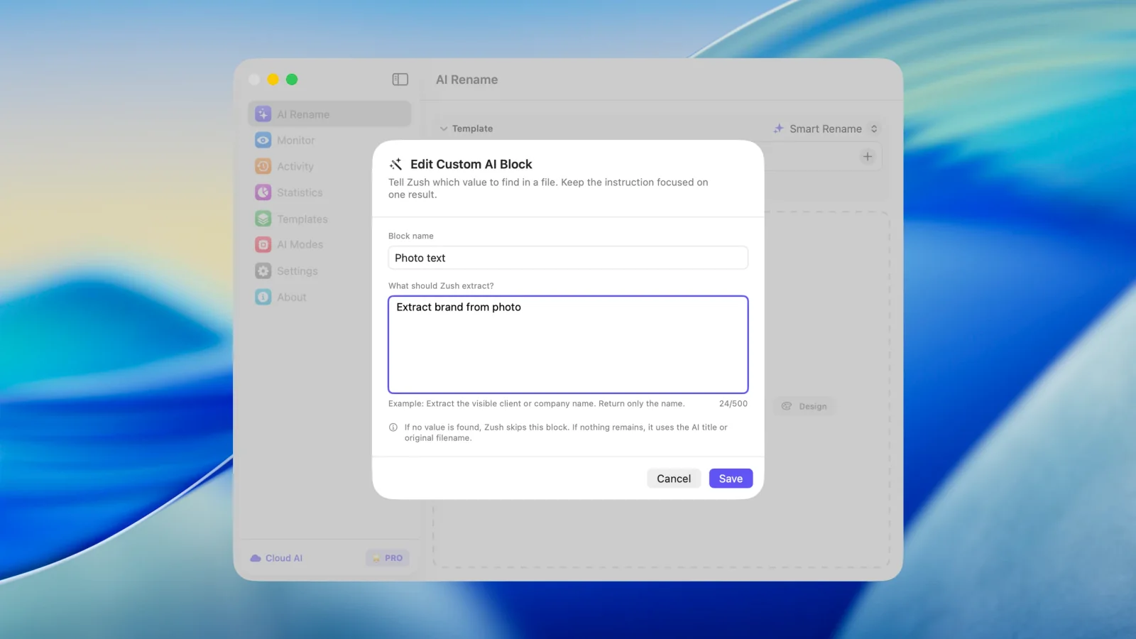 The Edit Custom AI Block dialog in Zush, with fields for a block name and instructions describing what Zush should extract from each file.