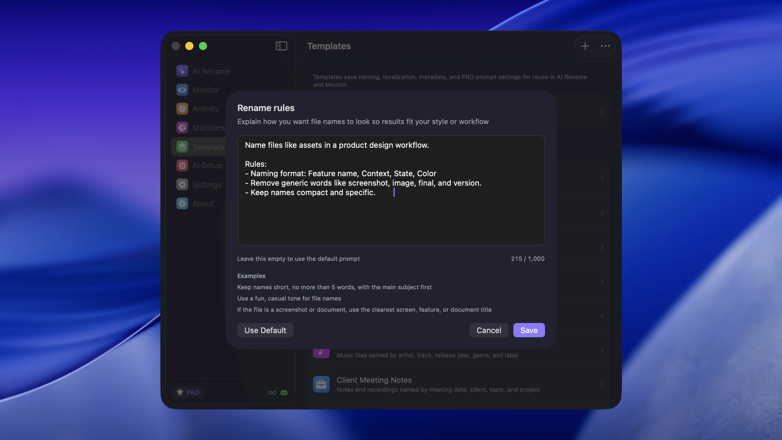 Zush custom rename rules dialog for configuring AI naming behavior