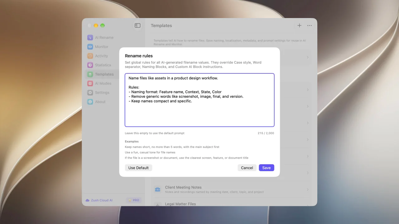 Custom prompt editor in Zush for macOS