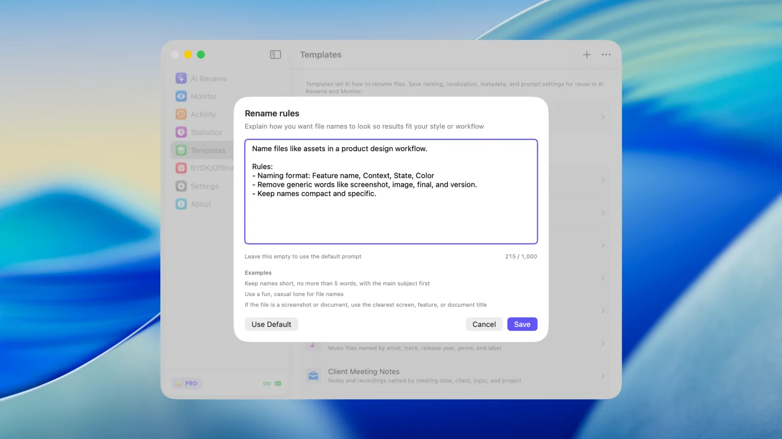 The Zush Custom Prompts screen with instructions for naming and metadata generation.