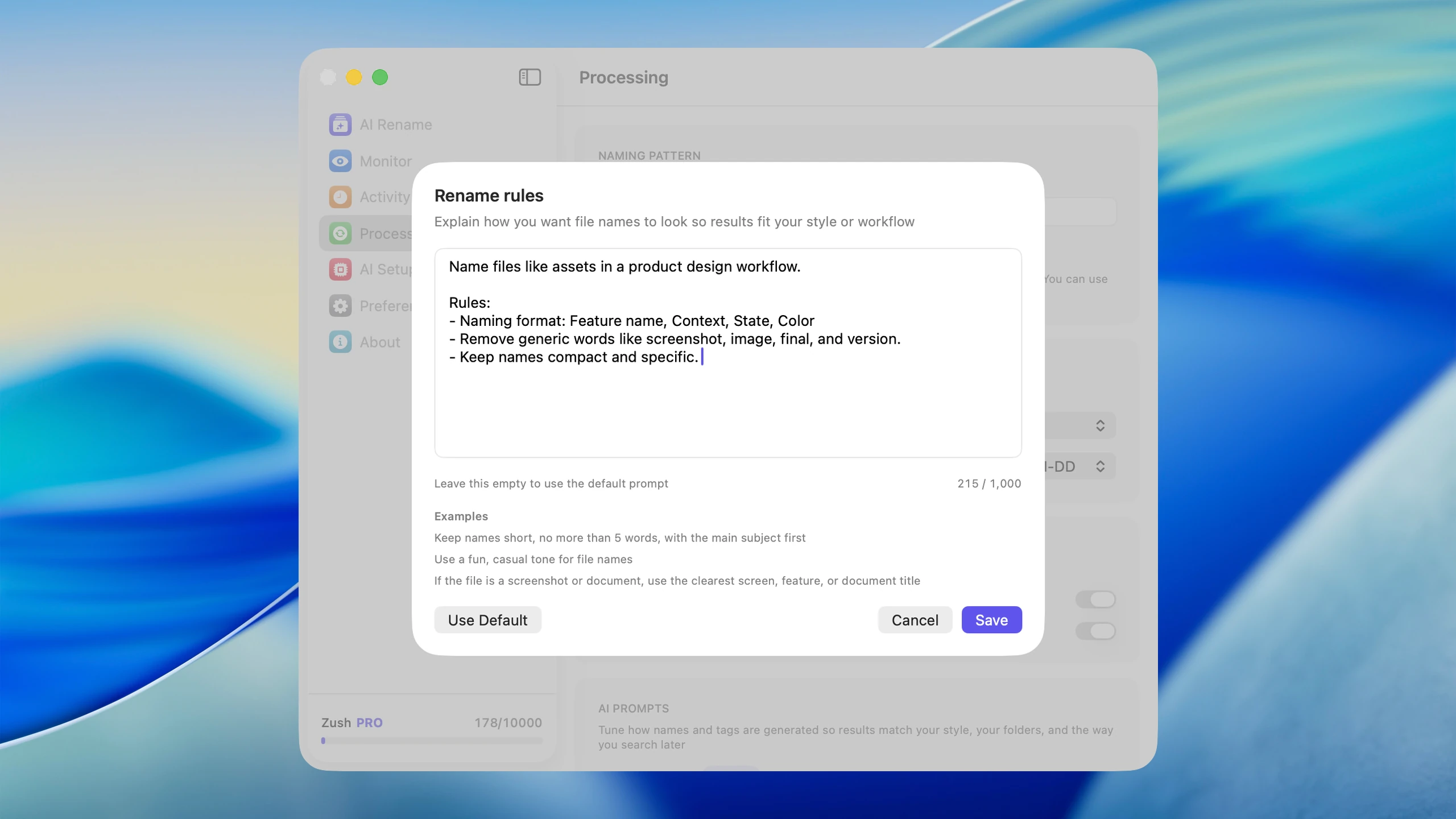 Zush custom rename rules dialog for configuring AI naming behavior