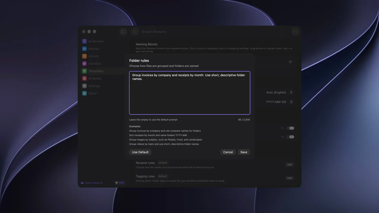 The Folder rules editor with custom grouping instructions and examples.
