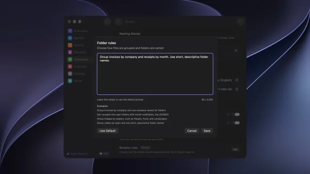 The Folder rules editor with custom grouping instructions and examples.