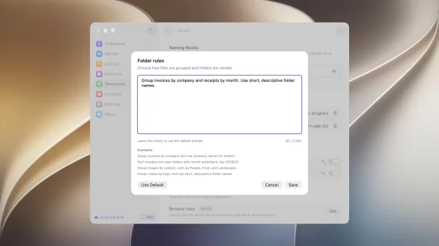 The Folder rules editor with custom grouping instructions and examples.