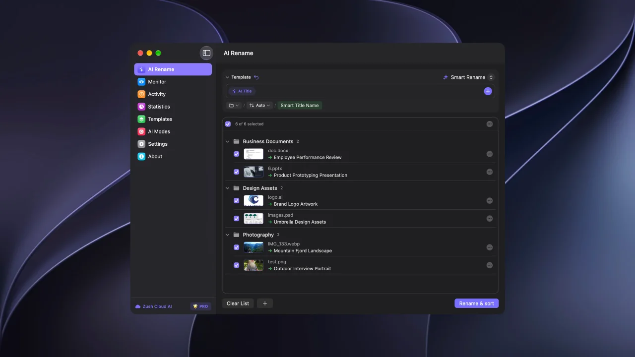 Zush for Mac showing a batch grouped into suggested destination folders before applying changes.