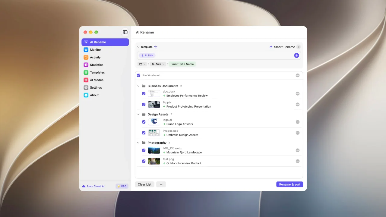 Zush for Mac showing a batch grouped into suggested destination folders before applying changes.