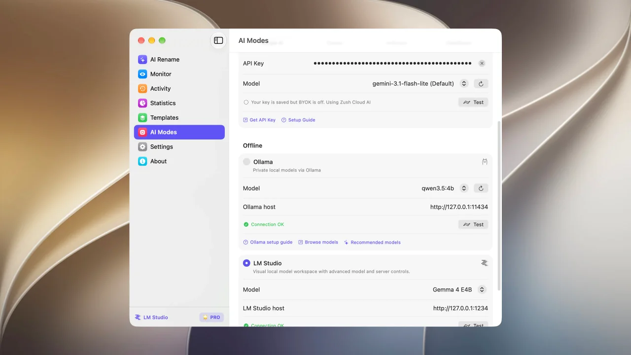 LM Studio model and host settings in Zush for macOS