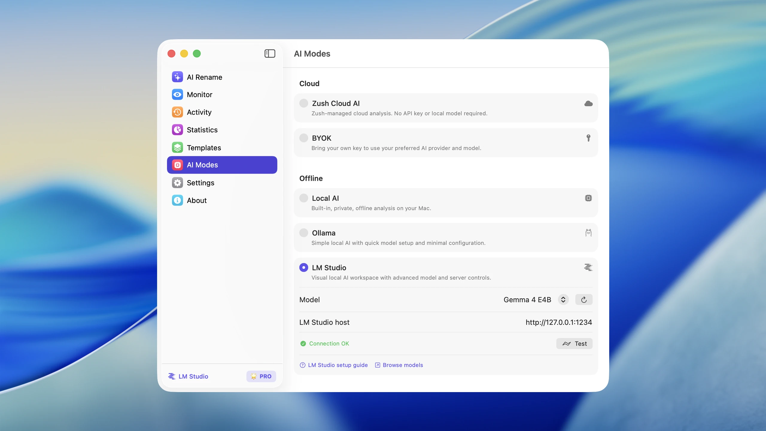 LM Studio model and host settings in Zush for Mac.