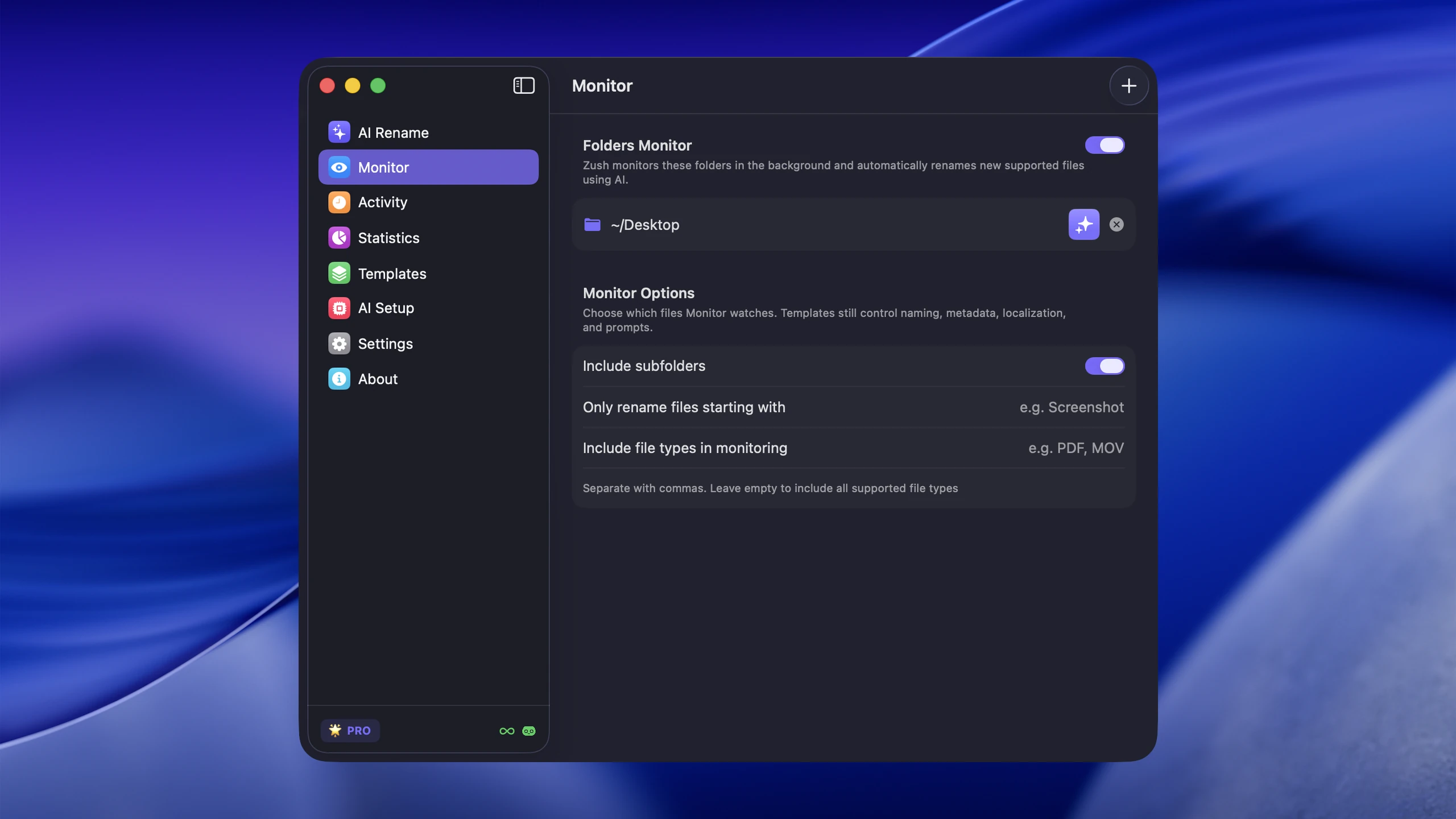 Zush monitor tab showing folder monitoring configuration for automatic screenshot renaming