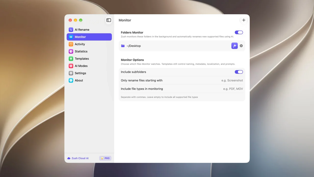 Folder monitoring settings in Zush for macOS