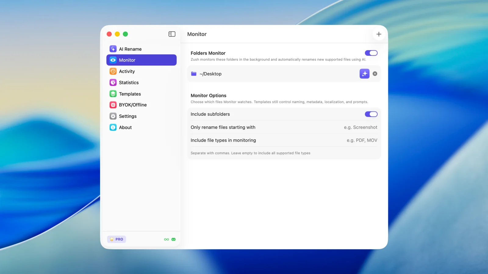 The Zush Monitor screen showing watched folders and monitoring controls.