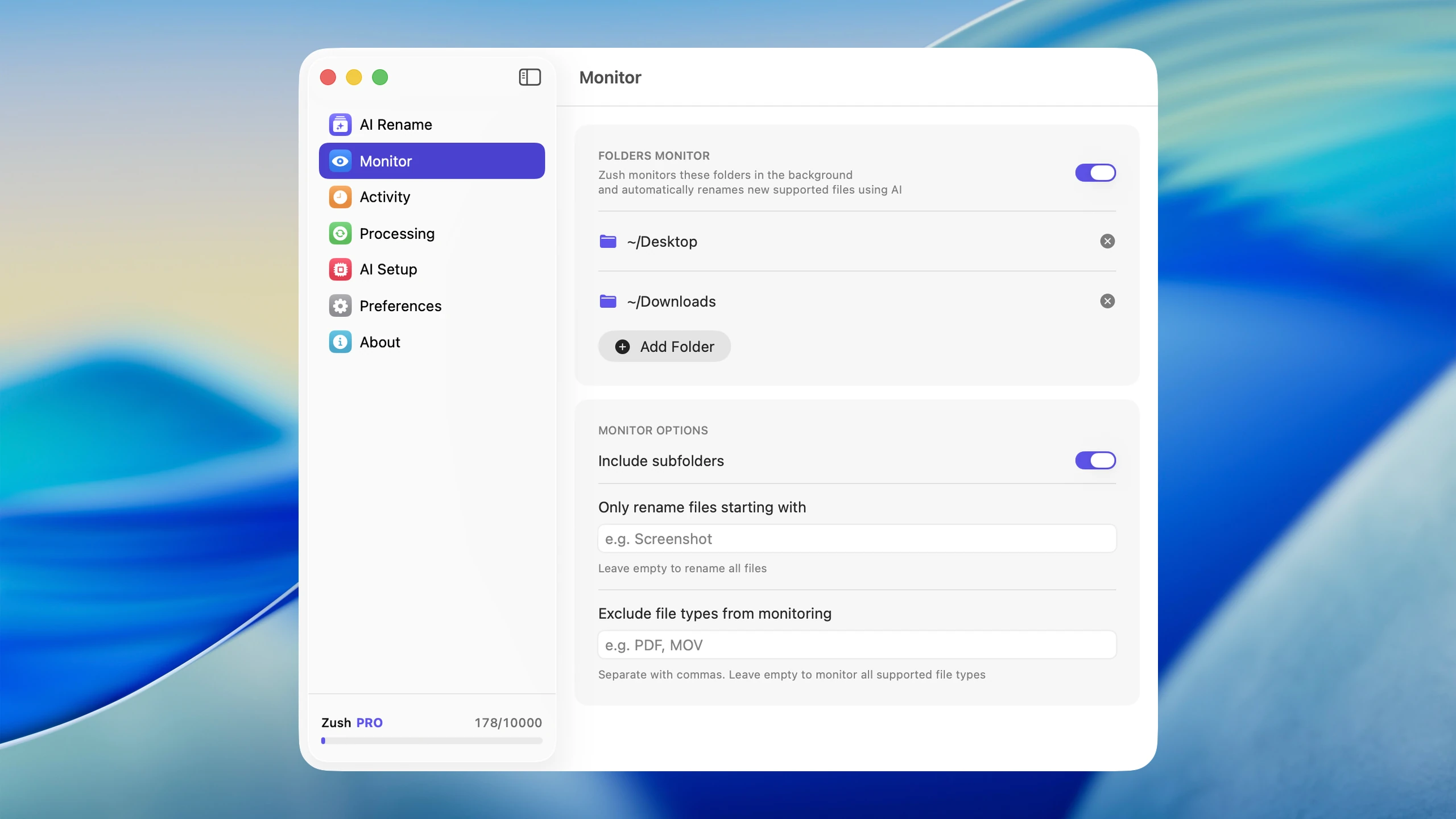 Zush folder monitoring settings for automatic file renaming