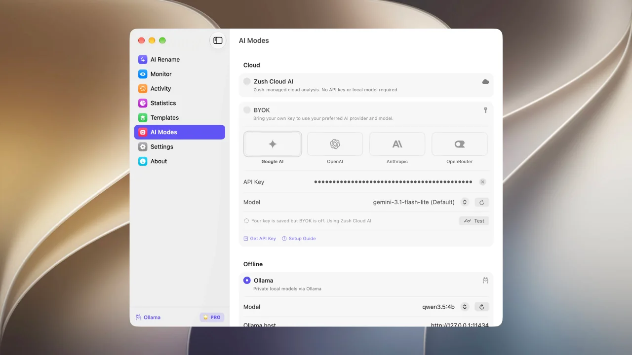 Ollama model and host settings in Zush for macOS