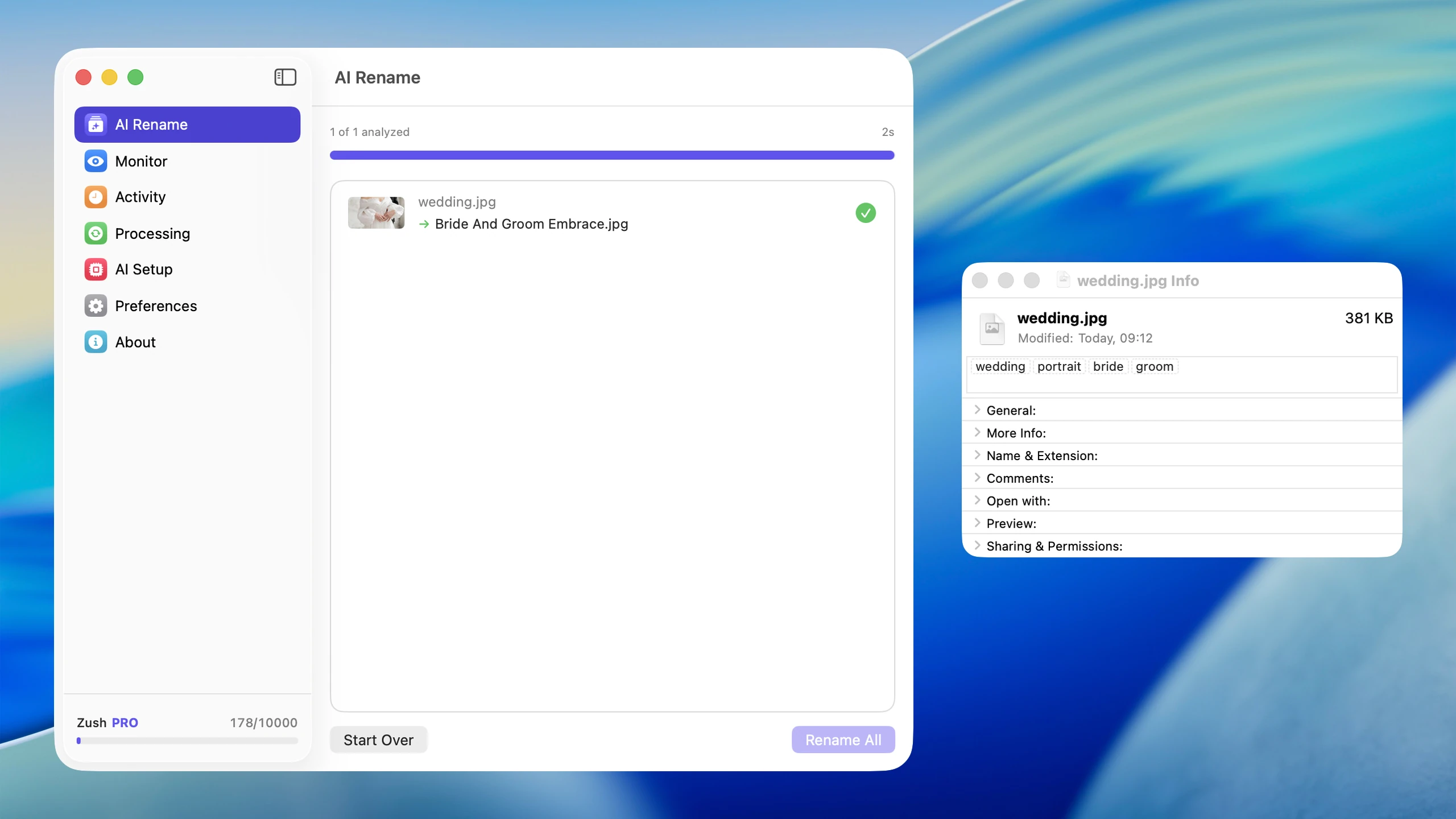 Zush AI Rename screen on macOS — a file renamed to a descriptive name alongside Finder file details