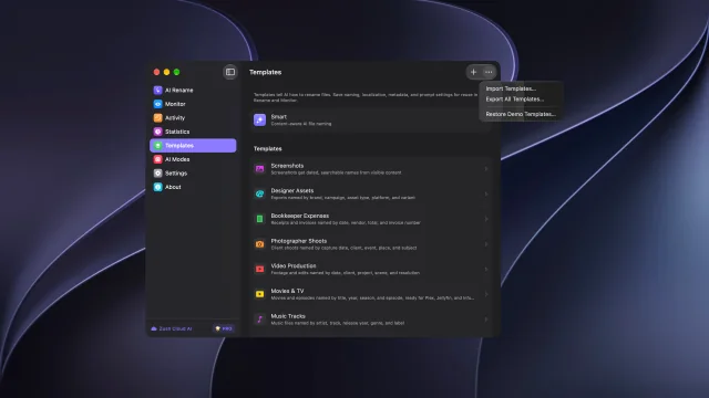 Zush for Mac Templates menu with Import Templates and Export All Templates.