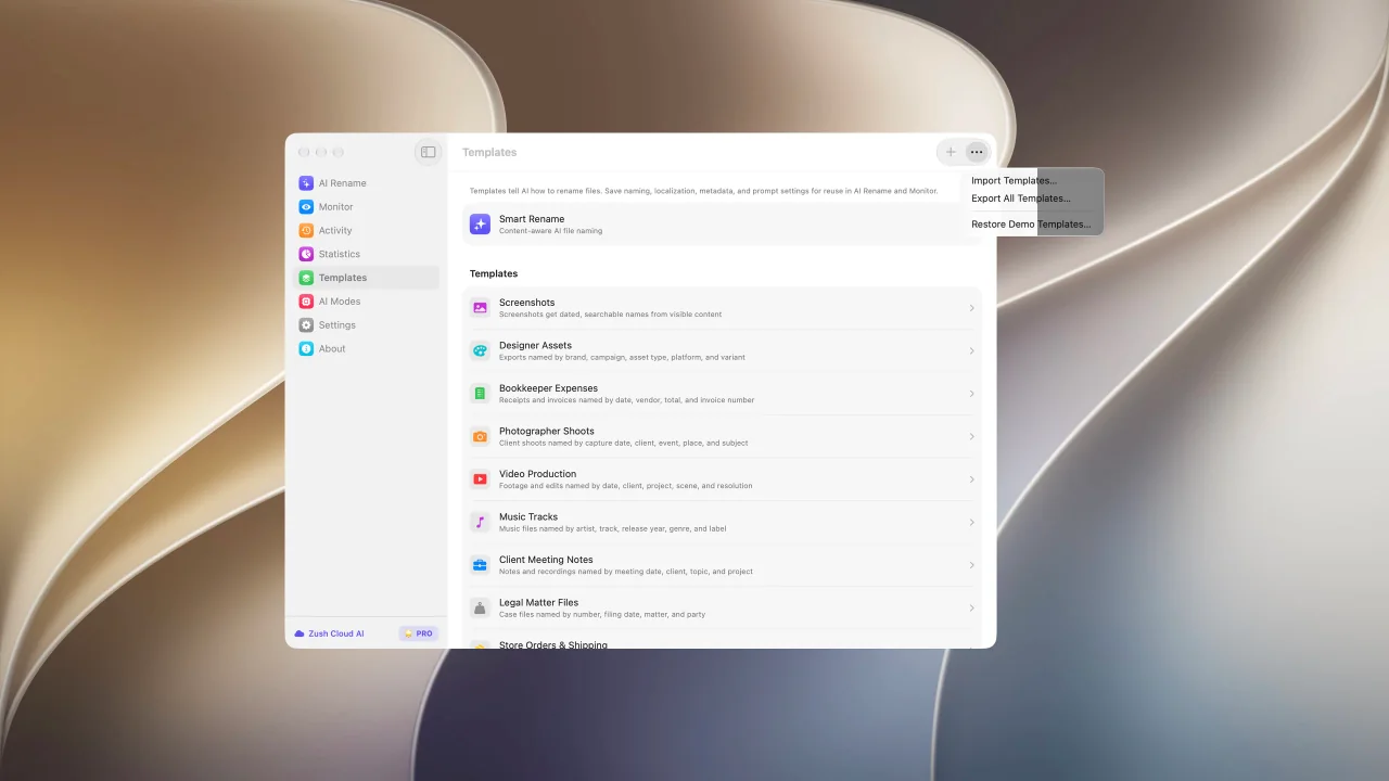 Zush Templates menu with Import Templates and Export All Templates on Mac.