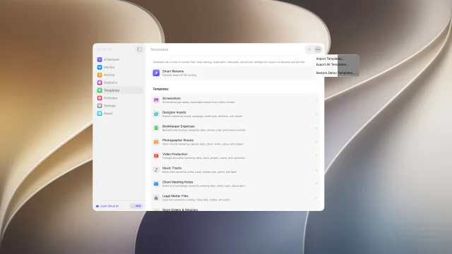Import Templates and Export All Templates in the Zush Templates menu