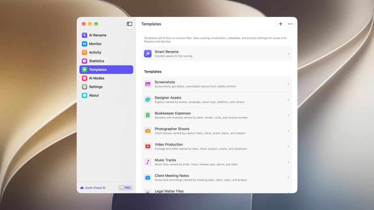 Reusable templates list in Zush for macOS