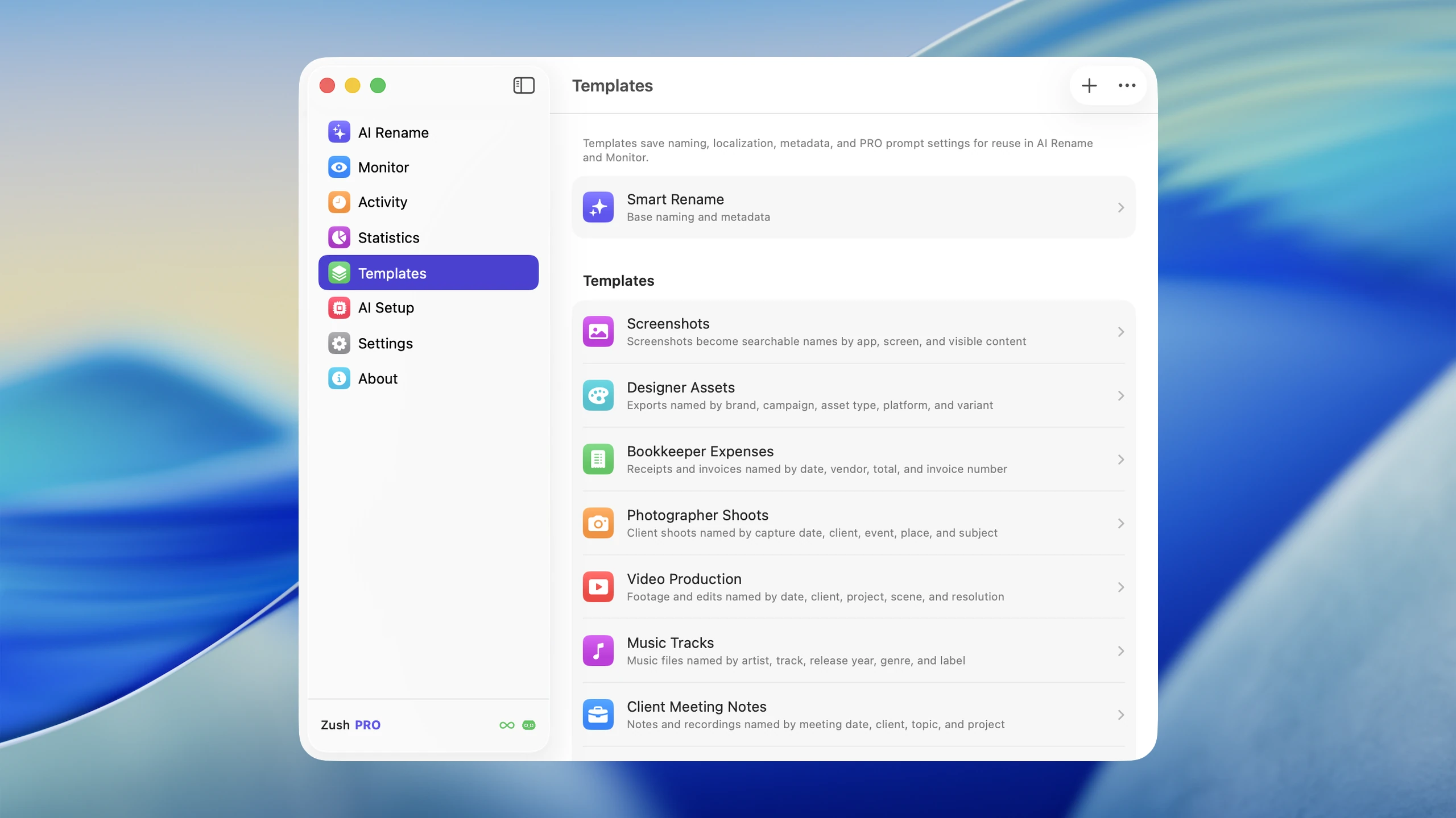 Reusable templates list in Zush for macOS