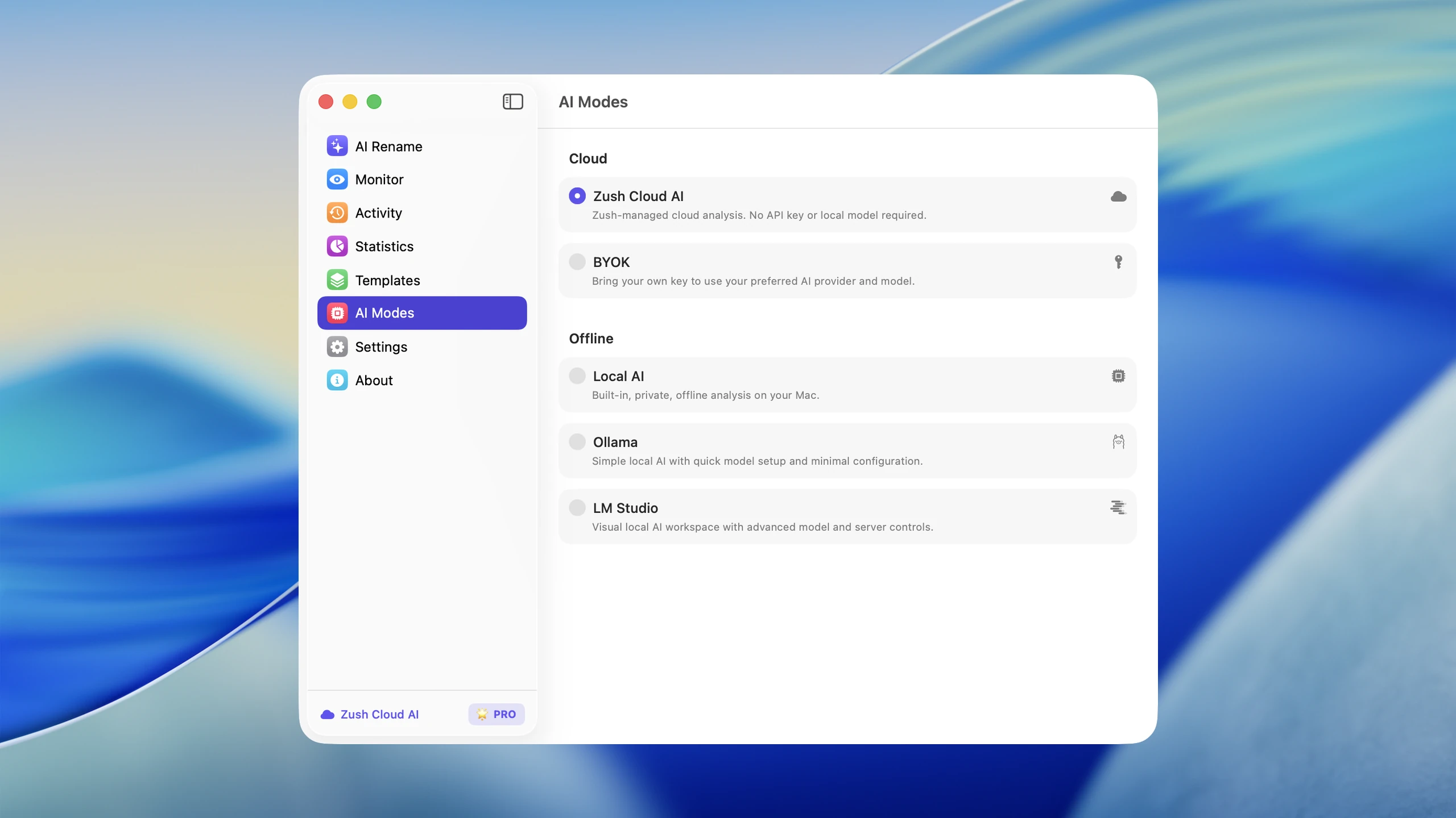 Zush Cloud AI selected in the AI Modes settings on Mac.