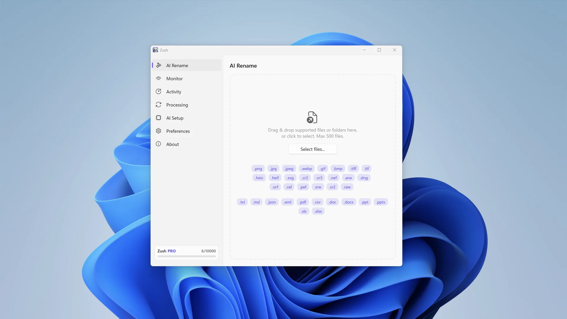 Zush for Windows AI rename view showing screenshot-heavy files ready for descriptive names