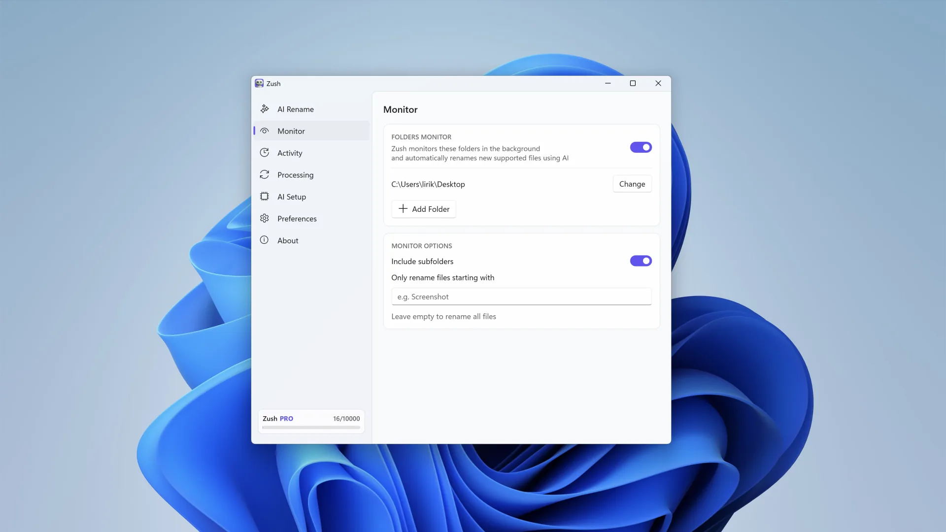 Folder monitoring setup in Zush for Windows for automatic file renaming