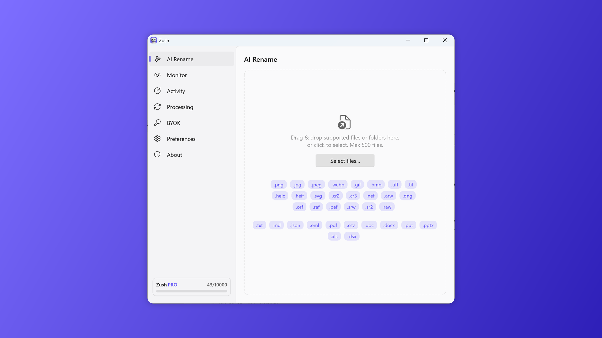 Zush for Windows AI rename view showing screenshot-heavy files ready for descriptive names