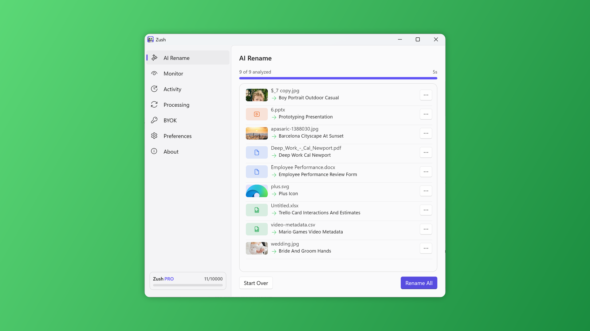 Zush for Windows mixed-file rename workflow for cleaning up Downloads before filing