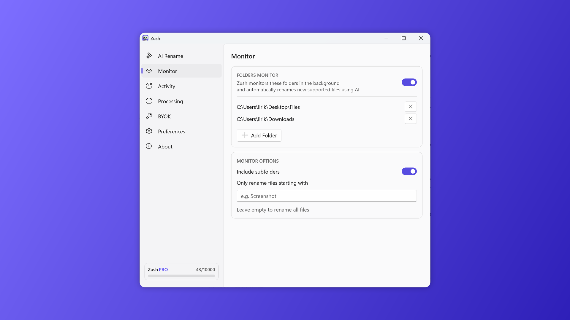 Folder monitoring setup in Zush for Windows for automatic file renaming