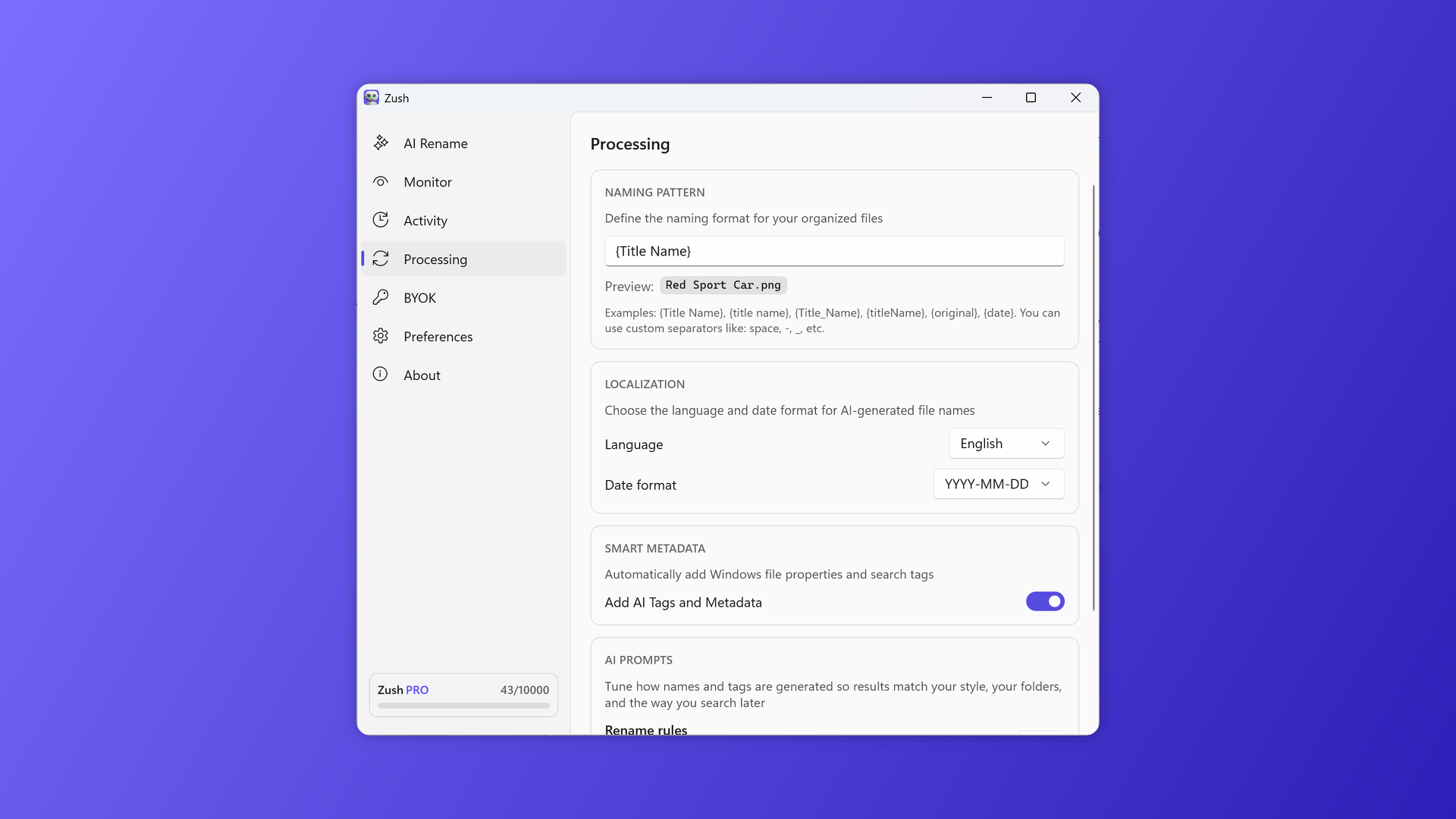Naming pattern and metadata settings in Zush for Windows