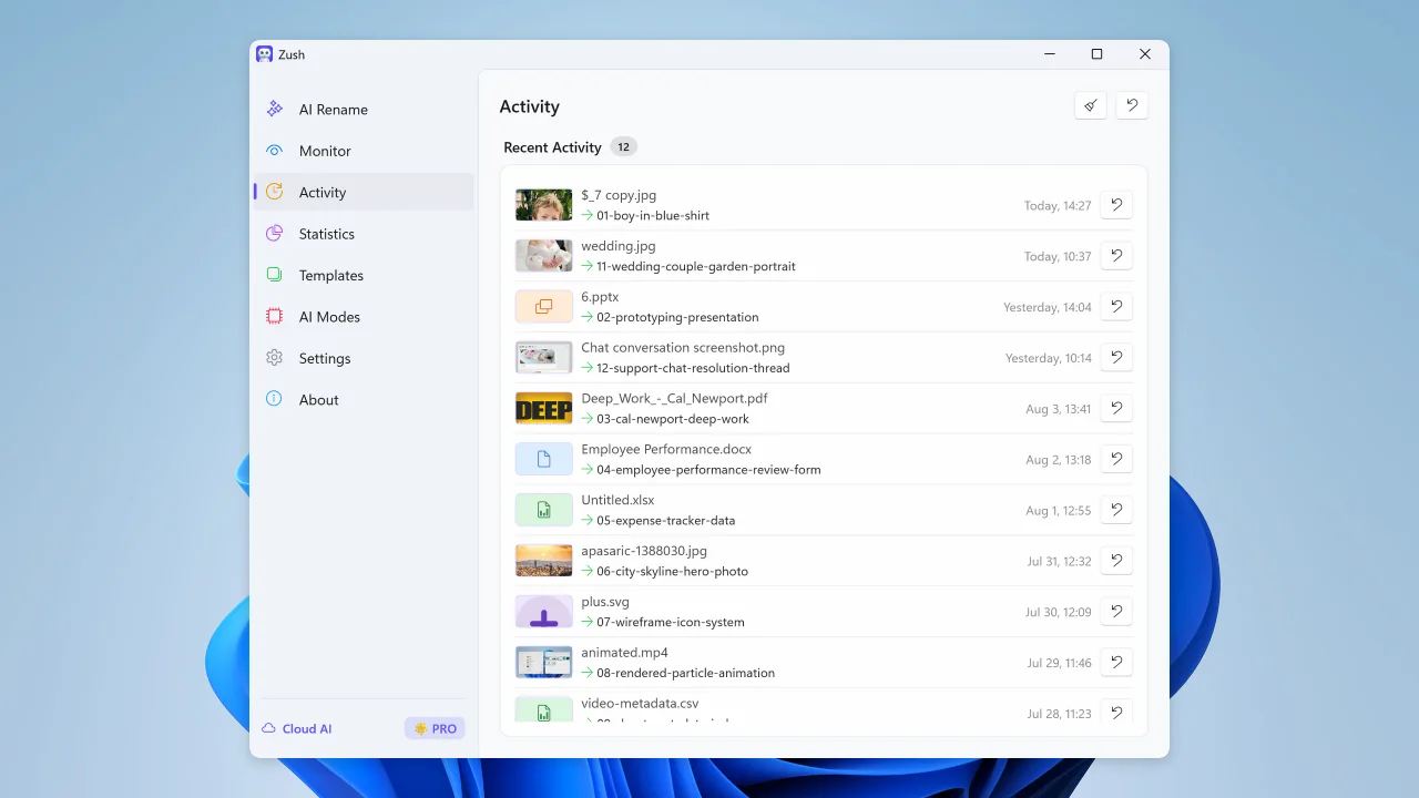 Activity history and undo workflow in Zush for Windows