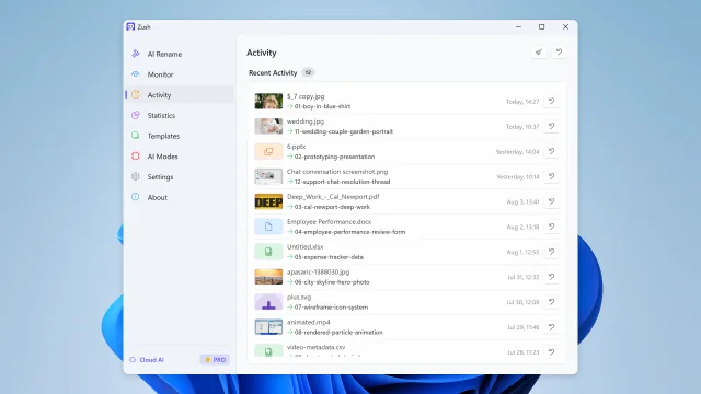 Activity history and undo workflow in Zush for Windows