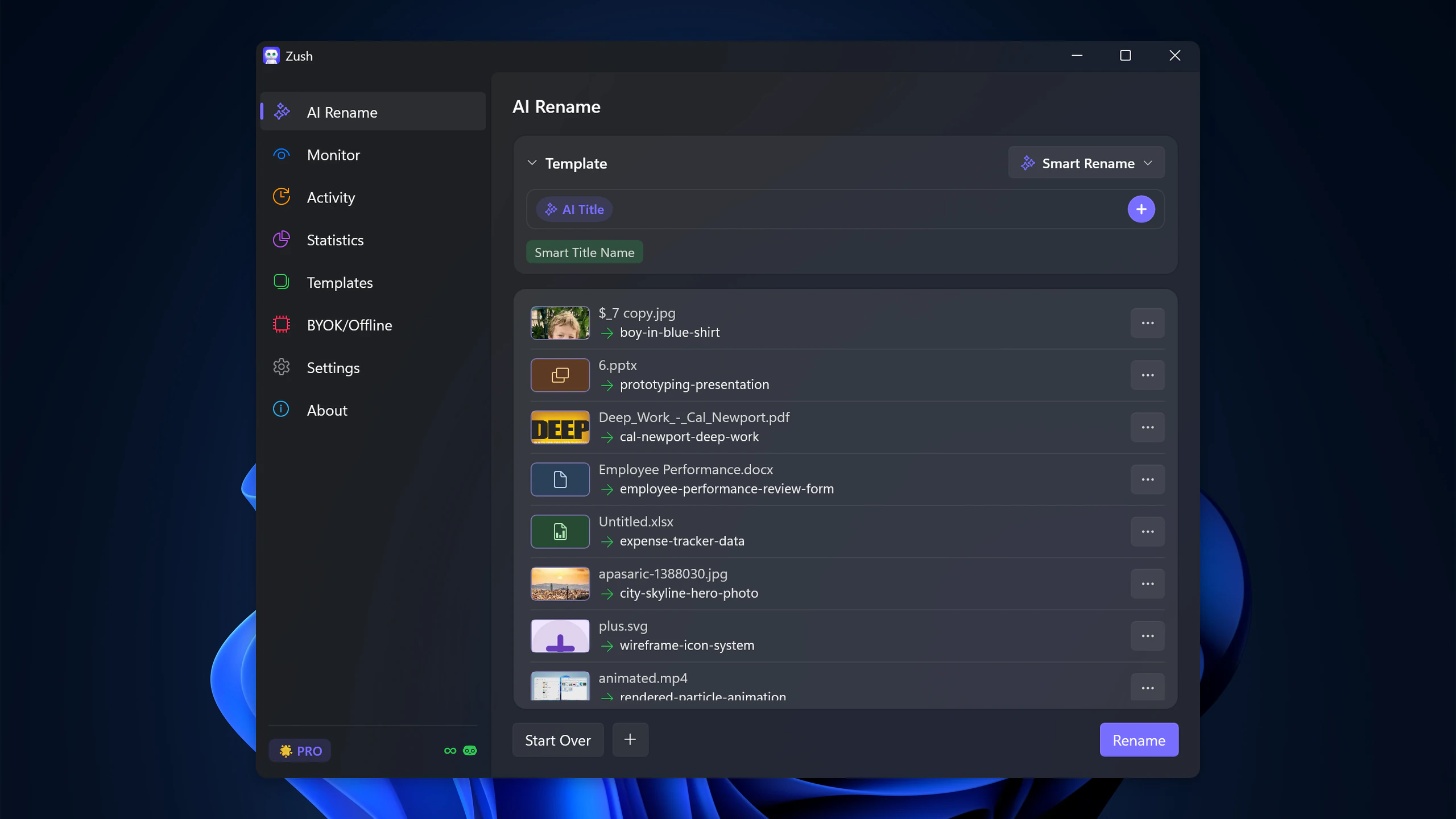 Zush batch rename preview showing AI-generated names for a mixed Windows folder