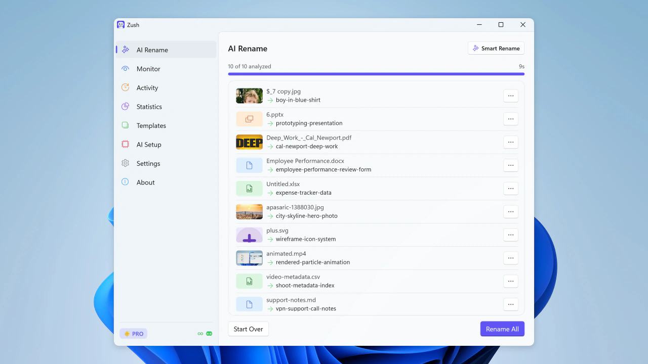 Batch rename workflow in Zush for Windows