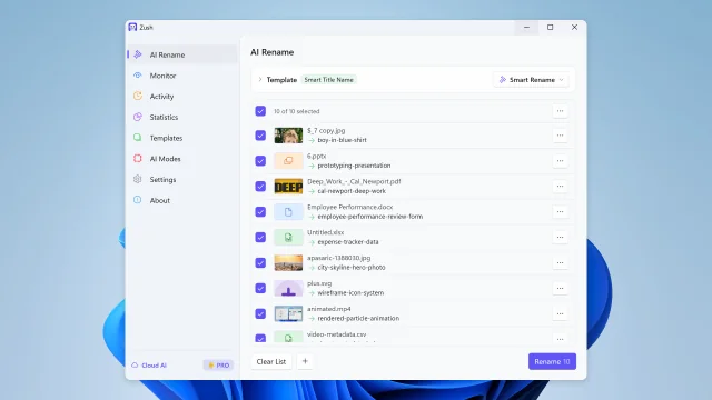 Batch rename workflow in Zush for Windows