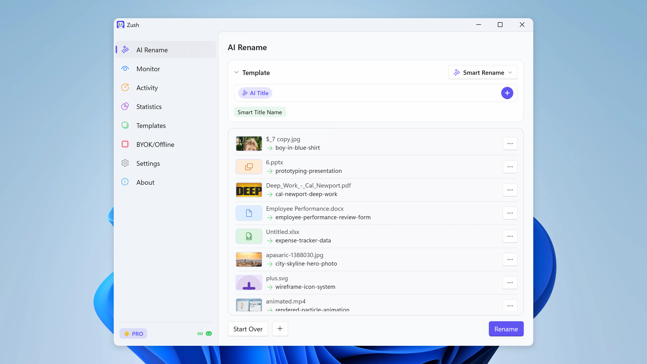 Zush batch rename preview showing AI-generated names for a mixed Windows folder