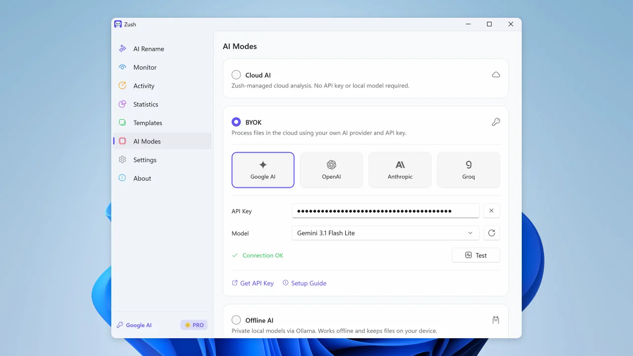 Bring your own key setup in Zush for Windows