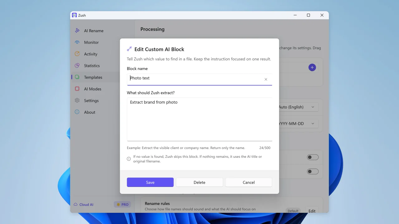 Custom AI Block editor in Zush for Windows