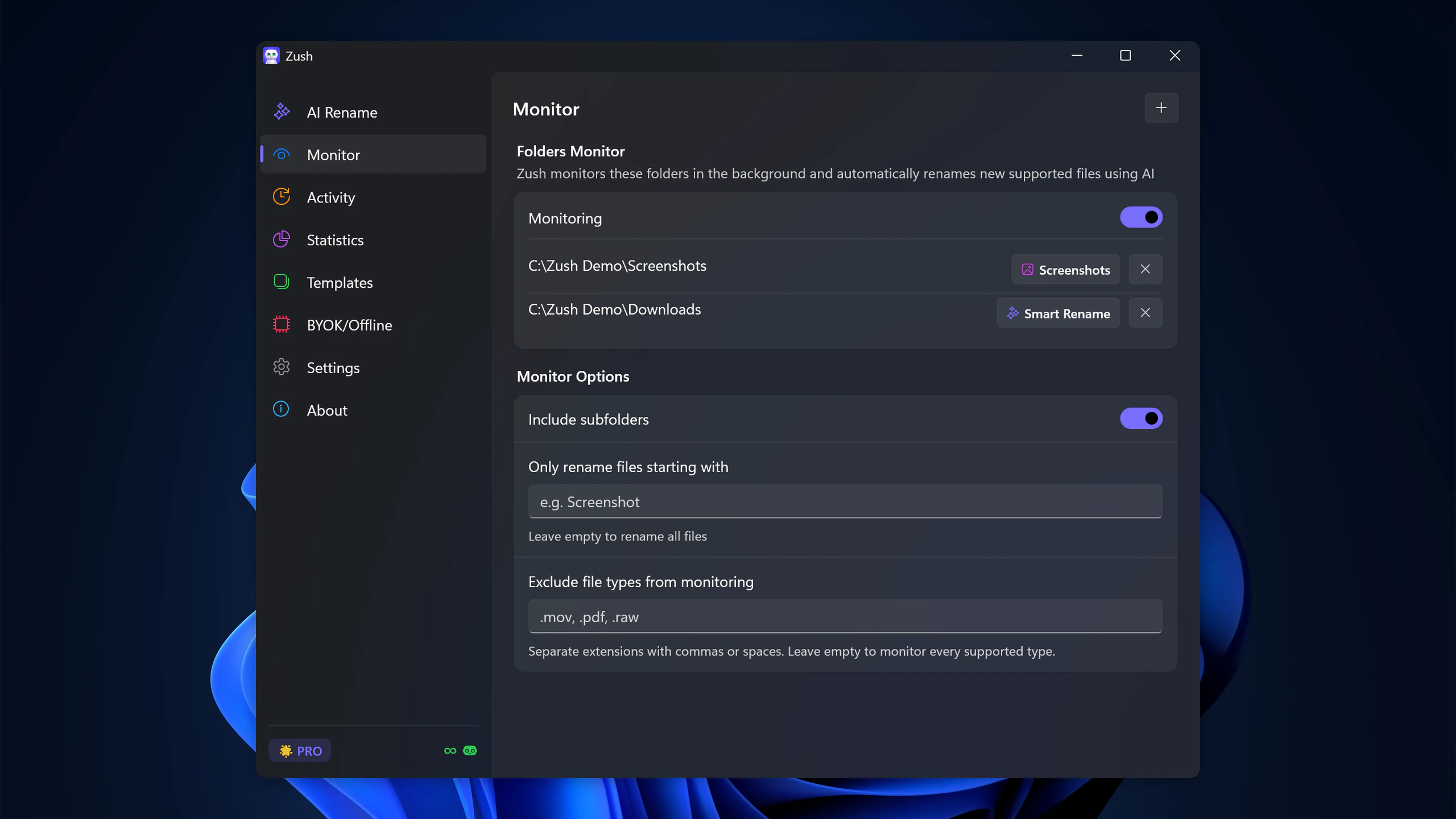 Folder monitoring setup in Zush for Windows for automatic file renaming
