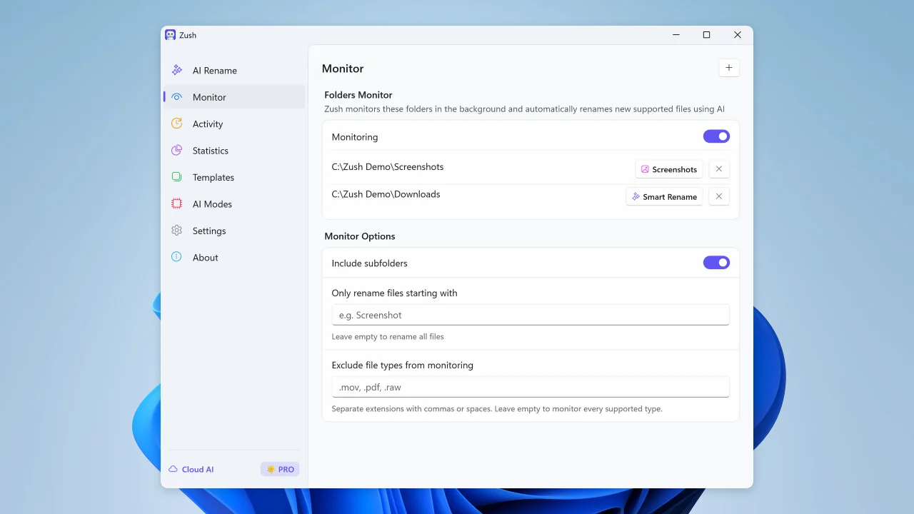 Folder monitoring settings in Zush for Windows