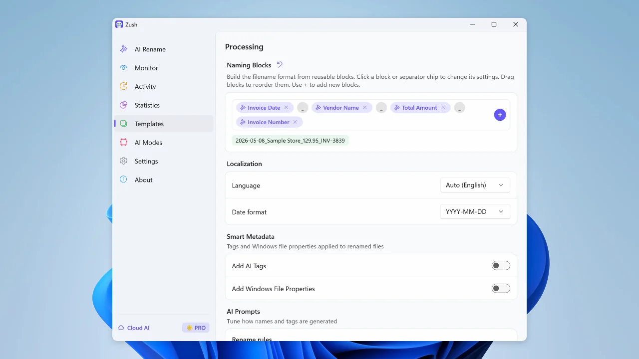 Naming Blocks editor in Zush for Windows