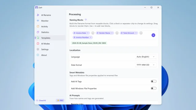 Naming Blocks editor in Zush for Windows
