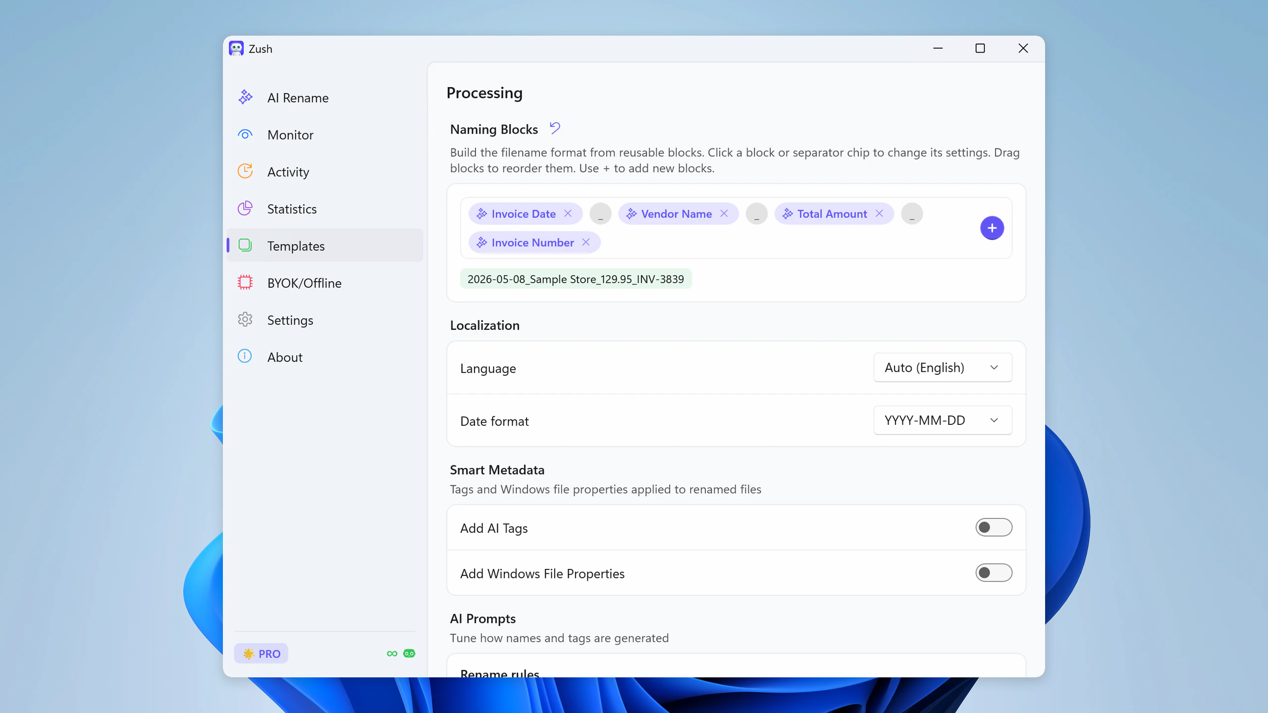 Naming Blocks editor in Zush for Windows