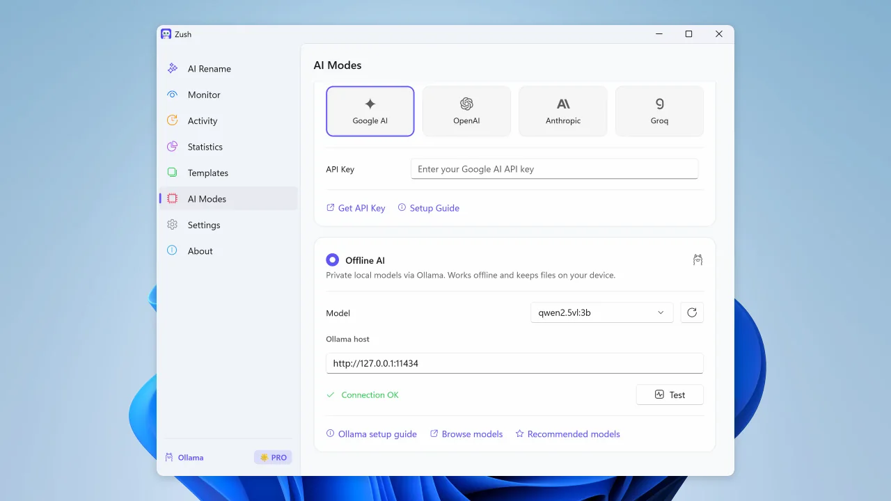 Offline AI setup in Zush for Windows