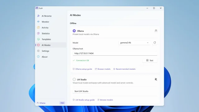 Offline AI setup in Zush for Windows